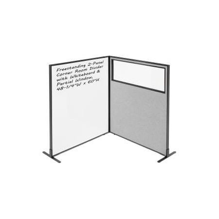 Global Equipment Interion    2-Panel Corner Room Divider with Whiteboard   Partial Window, 48-1/4"W x 60"H, Gray 695177GY